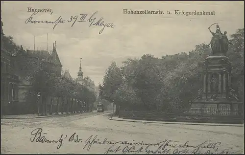 Ansichtskarte Hannover: Hohenzollernstraße und Kriegerdenkmal, beschriftet