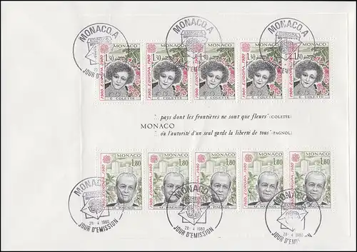 Monaco EUROPE / CEPT 1980: Colette et Pagnol, bloc sur FDC