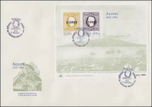 Portugal Azoren Block 1 mit Aufdruck Azoren 1868-1980, Block auf FDC