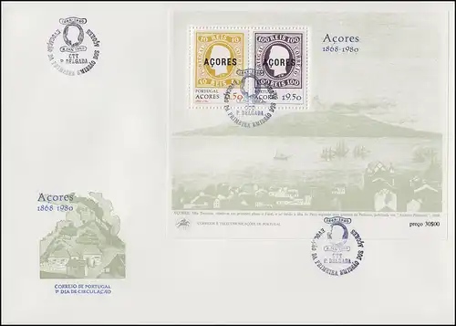 Portugal Açores Première édition Impression Açores 1868-1980, bloc sur FDC