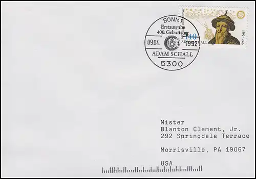 1607 Adam Schall von Bell, EF FDC ESSt Bonn 400. Geburtstag 9.4.1992 in die USA