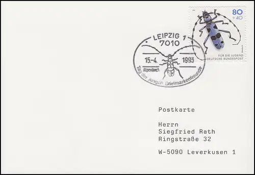 1666 Scarabée à risque Alpenbock EF FDC-PK ESSt Leipzig Alpesboc 15.4.1993