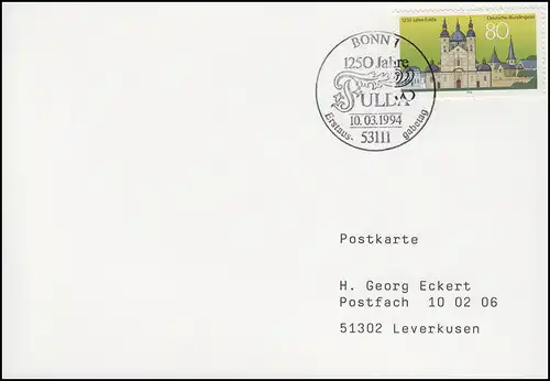 1722 Fulda, EF FDC-Postkarte ESSt Bonn 1250 Jahre Fulda 10.3.1994