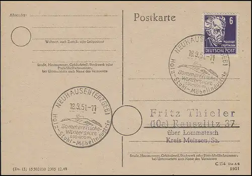 213 Gerhard Hauptmann, PK SSt Neuhausen/Erzgebirge Holz - Stuhl - Möbel 18.9.51