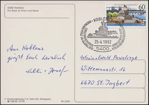 1583y Koblenz EF AK Stadtansicht SSt Koblenz Deutsches Eck & Confluentes 25.4.92