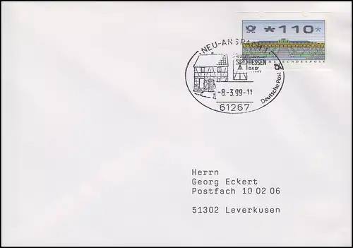 HESSEN-PARK Freilichtmuseum, ATM-EF Brief SSt Neu-Anspach vom 8.3.1999