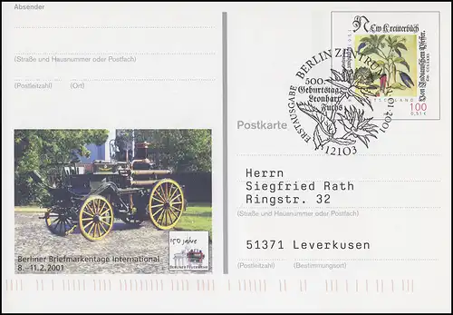 PSo 74 Berliner pompiers, FDC ESSst Berlin Anniversaire de Leonhart Fuchs 11.1.2001