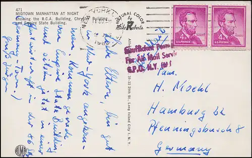 États-Unis Manhattan Air Post Insufficient for Air Mail, NEW YORK 9.1.62 vers Hambourg