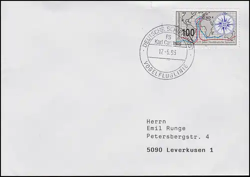 Schiffspost Vogelfluglinie Fährschiff KARL CARSTENS, EF 1647 Brief 17.5.93