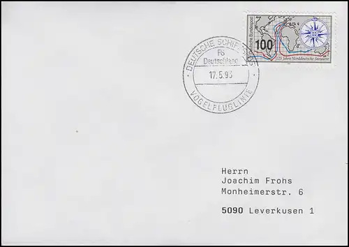 Poste de bateau Ligne Vogel compagnie ferry-boat ALLEMAGNE, EF 1647 Lettre 17.5.93