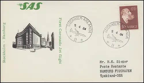 Vol initial SAS Stockholm-Hambourg, EF Carte SSt Stockholm - Arlanda avions 5.4.84