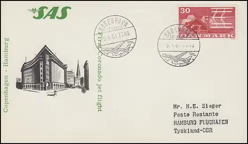 Vol initial SAS Copenhague-Hamburg EF Carte SSt Copenhague Airhavn Avion 5.4.64