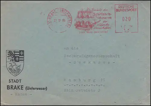 AFS Schiffe-Museum Ville de BRAKE (UNTERWESER) 22.12.61 sur lettre à Hambourg