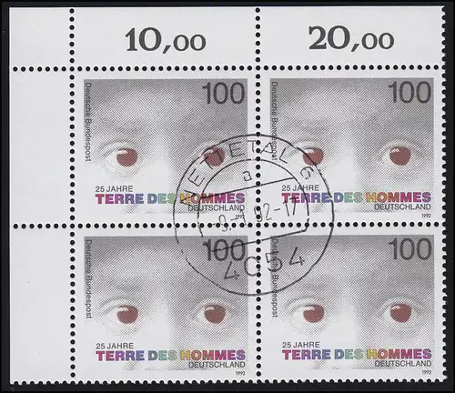 1585 Terre de Hommes: ER-Vbl en haut à gauche, plein-tampon centrique NETTETAL 9.1.92