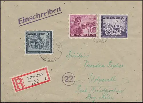 889 etc. Kameradschaftsblock R-Brief KÖLN-SÜLZ 13.8.44 nach NEUKIRCHEN 14.8.44