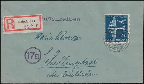 868 Luftpostdienst 42 Pf. als EF auf R-Brief LEIPZIG REICHSMESSESTADT 22.5.44