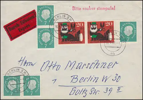 182R Heuss Brief Schnellpost Berlin 16.4.62 rs. Stechuhr FA 1 Rohrpost-Station