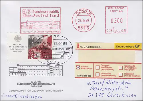 Tampon d'expéditeur 50 ans en République fédérale d ' Allemagne avec 2051, R-Bijoux-F. BONN 23.4.99