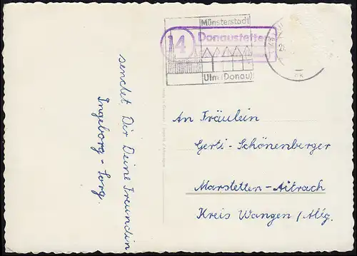 Pays-Bas 14 stettes du Danube sur la Nouvelle-Ulm (Danube), sur carte de Pâques vers 1959/1960