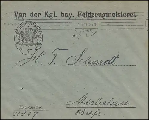 Heeressache Feldzeugmeisterei MÜNCHEN 10.4.1918 nach Michelau