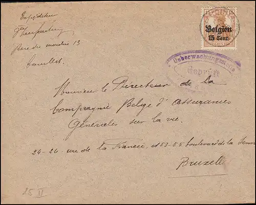 Zensur Überwachungsstelle auf Brief COUILLET 1916 mit 15II als EF nach Brüssel