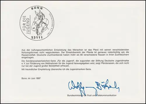 Carte ministérielle MiKa A6 Jeunesse races chevalières 1920-1924 ESSt BONN 9.6.1997