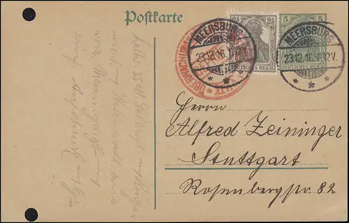 roter Zensur-O ÜBERWACHUNGSSTELLE auf Postkarte MEERSEBURG 23.12.16 n. Stuttgart