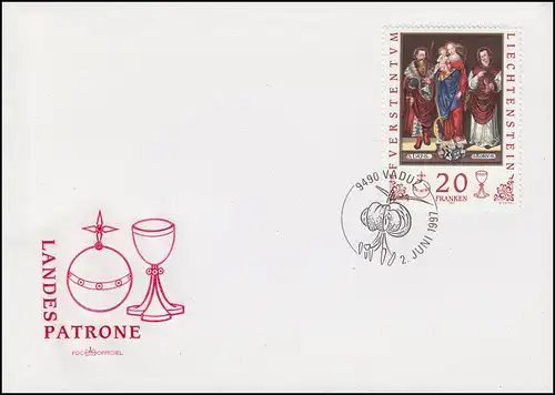 Liechtenstein 1151 Landespatrone 20 Franken auf Blanko-Schmuck-FDC VADUZ 1.6.97