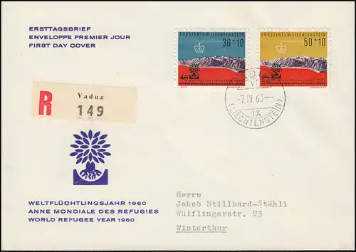 Liechtenstein 389-390 Weltflüchtlingsjahr 1960 auf Schmuck-R-FDC VADUZ 7.4.60