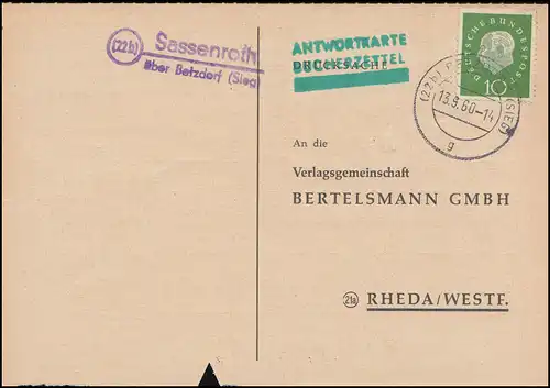 Landpost Sassenroth über BETZDORF (SIEG) 13.9.60 auf Postkarte nach Rheda/Westf.