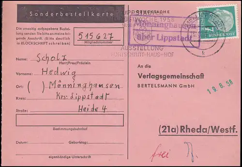 Landpost Mönninghausen über LIPPSTADT 5.8.1958 auf Postkarte nach Rheda/Westf.