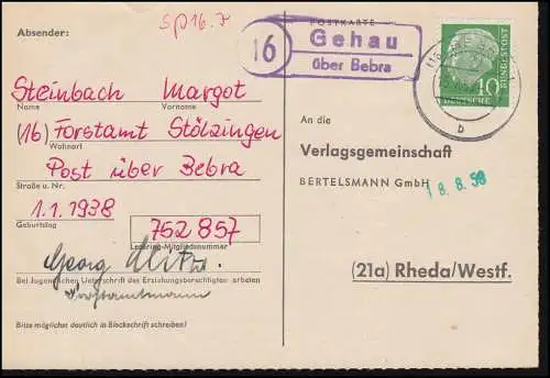 Landpost Gehau über BEBRA 15.7.1958 auf Postkarte nach Rheda/Westf.