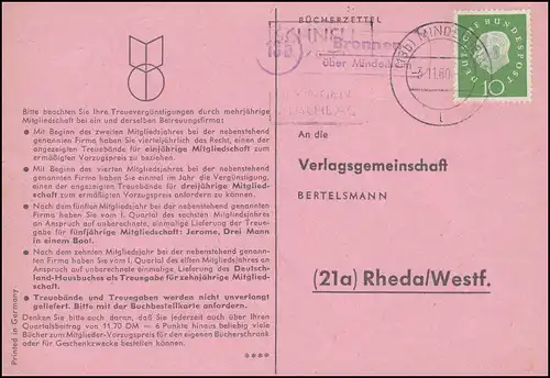 Landpost Bronnen über MINDELHEIM 1.11.1960 auf Postkarte nach Rheda/Westf.
