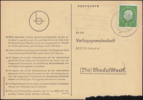 Landpost Epplingen über LAUDA 15.10.1960 auf Bücherzettel nach Rheda/Westf.