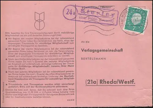 Landpost Sterley über MÖLLN (LAUENBURG) 10.10.1960 auf Bücherzettel nach Rheda