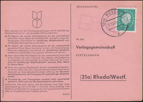 Landpost Bremke über MESCHEDE 17.10.1960 auf Bücherzettel nach Rheda/Westf.