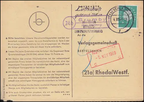 Landpost Grumby über SCHLESWIG 4.11.60 auf Postkarte nach Rheda/Westfalen