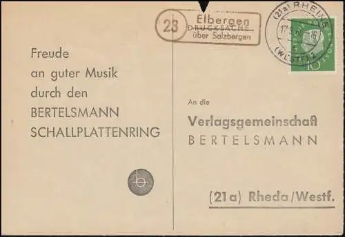 Landpost Elbergen über Salzbergen auf Postkarte RHEINE 17.9.60 nach Rheda/Westf.