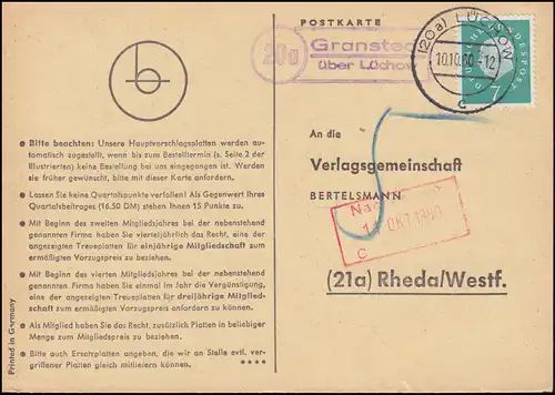 Landpost Granstedt über LÜCHOW 10.10.1960 auf Postkarte nach Rheda/Westf.