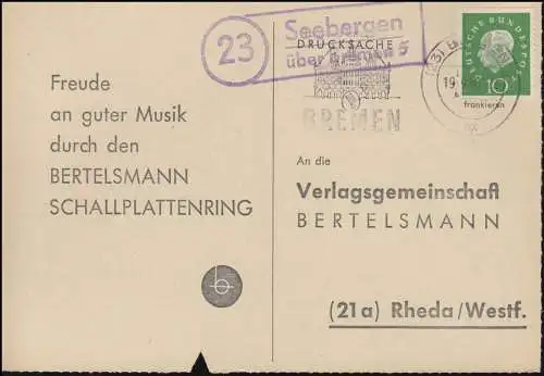 Landpost Seebergen über BREMEN 5 - 19.9.1960 auf Postkarte nach Rheda/Westfalen