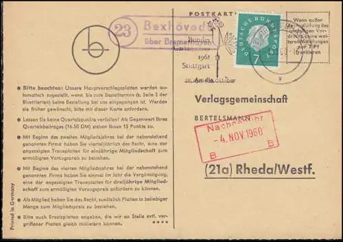 Landpost Bexhövede über BREMERHAVEN 3.11.60 auf Postkarte nach Rheda/Westf.