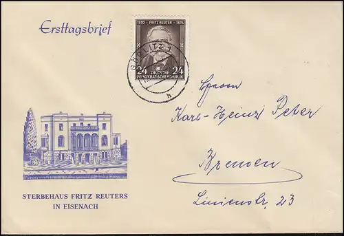 430 Fritz Reuter EF auf Schmuck-FDC Ersttagsstempel GÖRLITZ 12.7.54 nach Bremen