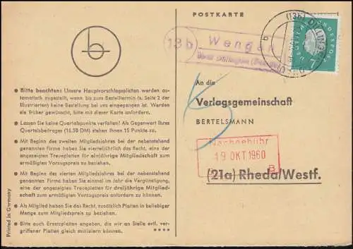 Landpost Wengen über DILLINGEN (DONAU) 17.10.1960 auf Postkarte nach Rheda/Westf