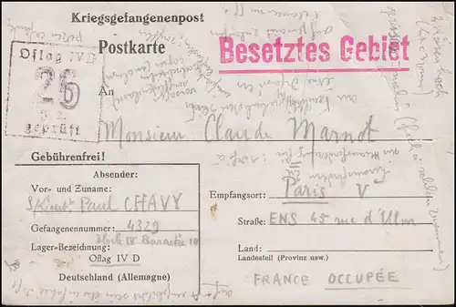 Kriegsgefangenenpost Oflag IV D vom 28.12.1940 nach Paris / Frankreich