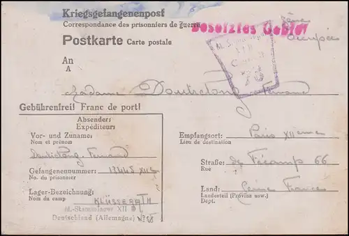 Kriegsgefangenenpost M. Stammlager XII D Klüsserath 1943 nach Frankreich