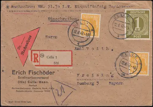 937+952 Kontrollrat I+II auf Nachnahme-R-Brief aus CELLE 12.8.1947 nach Freising