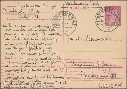 Zensur Einkreisstempel A.c. auf P 299 OSCHERSLEBEN (BODE) 12.7.44 nach Belgien