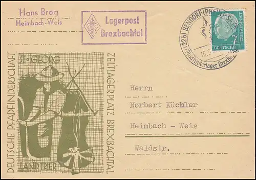 Scout St. Georg Camping Brexbachtal Carte postale SSt BENDORF 1956