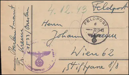 Feldpost 22.11.43 auf Brief nach Wien, handschriftlich L 1533 / Breslau