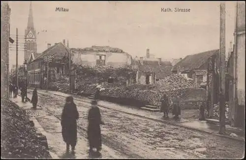 Ansichtskarte Das zerstörte Mitau Kath. Straße, als Feldpost 214 - 10.4.1916